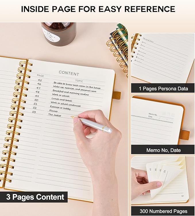 Spiral Notebook Journal for Women Men, 300 Numbered Lined Pages, College Ruled, A5 Hardcover Spiral Bound Notebook for School, Work, Note Taking Writing, Leather Spiral Journal Medium 5.9"x8.5"-DeskLoop Office