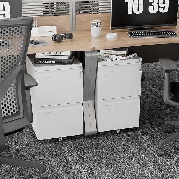 2 Drawers Mobile File Cabinet, Metal Under Desk Cabinet with Lock, for Office & Home, Legal/Letter Size, W14.57”x D17.36”x H25.79”, Assembly Required(White)-DeskLoop Office