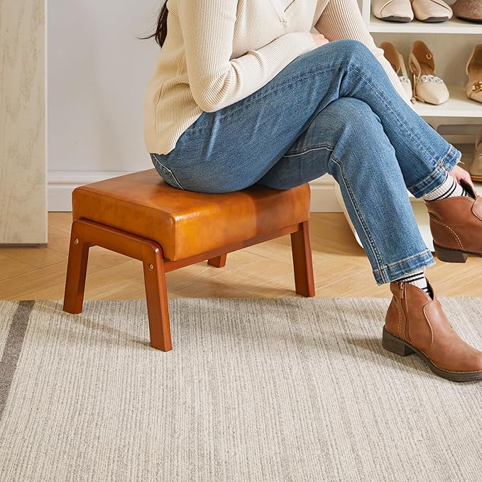 IBUYKE 10.2” H Small Foot Stool Ottoman, Rectangle PU Faux Leather Foot Rest with Padded Seat and Wood Legs, Modern Ottoman Foot Rest for Living Room Bedroom Couch Office, Yellowish-Brown WBD013J-DeskLoop Office