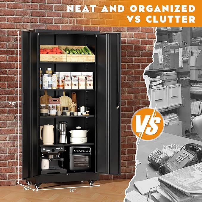 Greenvelly 74" Metal Storage Cabinet with Wheels, Lockable Rolling Metal Garage Cabinets with 2 Doors and 4 Adjustable Shelves, Rolling Tool Cabinet for Garage, Home Office, School-DeskLoop Office
