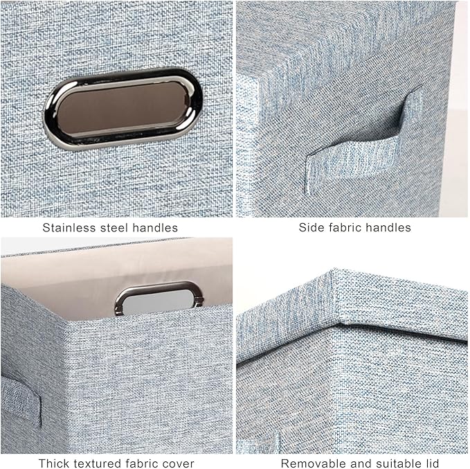 Large 17" 36 Quart Collapsible Stackable Storage Bins with Lids, 3 Packs Blue-Grey Linen Fabric Closet Boxes with Lids, Storage Cube Baskets Container Organizers for Bedroom (17x12x11)-DeskLoop Office