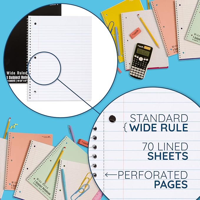 Blue Summit Black Wide Ruled Spiral Notebooks Bulk, 1 Subject Spiral Notebook Wide Ruled, Paper School Bulk Notebooks, 48 Pack-DeskLoop Office