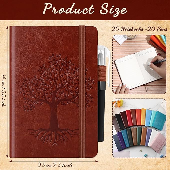 Estune Tree Small Notebooks Pen Leather Lined Pocket Subject Notebooks Hardcover Pocket Notepad Cute Ruled Leather Journals with Pen Holder for Men Women School Business, A6(Stylish Color,20 Set)-DeskLoop Office