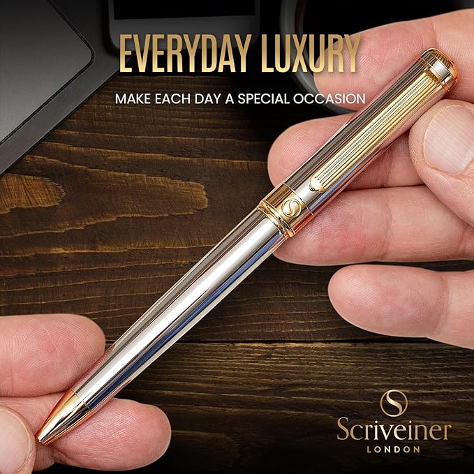 Scriveiner Silver Chrome Ballpoint Pen - Stunning Luxury Pen, Real Gold Plating, Schmidt Black Refill, Best Ball Pen Gift Set for Men & Women, Professional, Executive, Office, Nice, Fancy Pens-DeskLoop Office