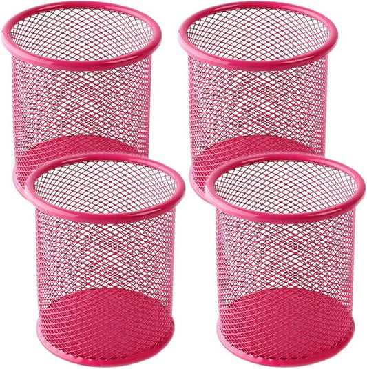 Ameceres 4 Packs Wire Mesh Pencil Holder Metal Pen Cup Desk Pen Organizer Case Pencil Jar Black for Office Home (DeepPink)-DeskLoop Office