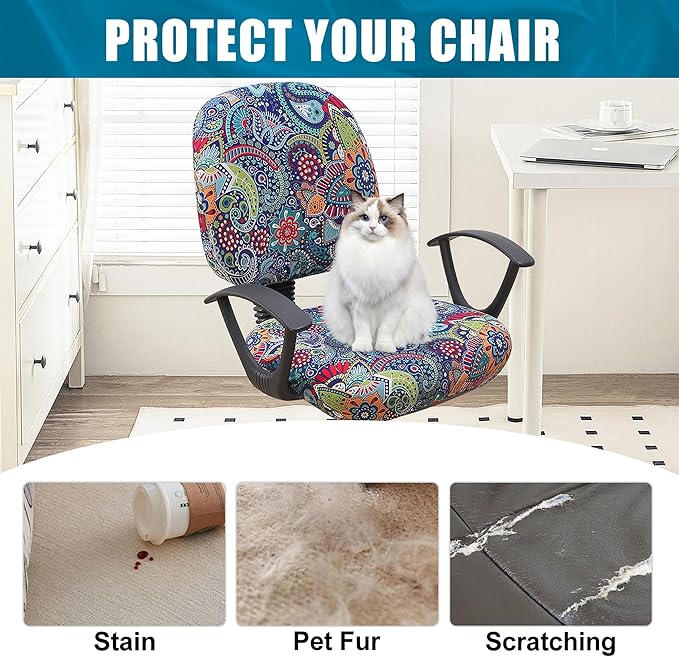 Smiry Stretch Printed Office Computer Chair Covers, Universal Washable Removable Desk Rotating Chair Slipcovers Protector, Seat + Backrest Cover - Blue Green-DeskLoop Office