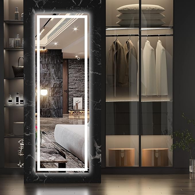 Hasipu Full Length Mirror with Lights, 65" x 20" LED Floor Mirror, Full Body Dressing Standing, Hanging Mounted Mirror for Living Room Bedroom Cloakroom, Square Black-DeskLoop Office