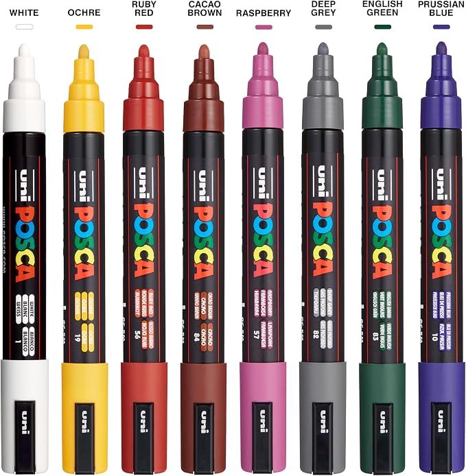 Posca Markers Set, 8 Medium Paint Markers 5M – Dark Tones – White, Ruby Red - Image 2