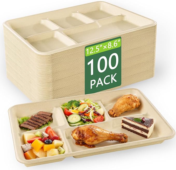 WELLIFE 100% Compostable 5 Compartment Paper Plates, 100 Pack Disposable School by WELLIFE