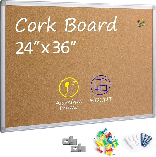 Board2by Cork Board Bulletin Board 24 x 36, Silver Aluminium Framed 2x3 Corkboard, Office Board for Wall Cork, Large Wall Mounted Notice Pin Board-DeskLoop Office