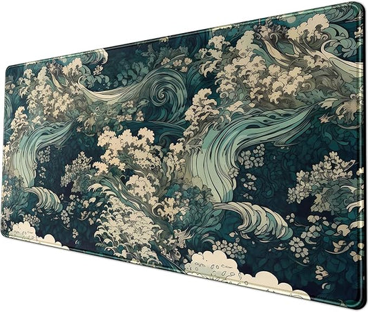 Japanese Large Mouse Pad Gaming Sea Wave Desk Pad Blue Sea Flower Art Aesthetics Desk Pad Non-Slip Rubber Base Mice Pad, 31.5 X 11.8 in for Laptop Computer Mouse Keyboard Mat of Office Desk Decor-DeskLoop Office