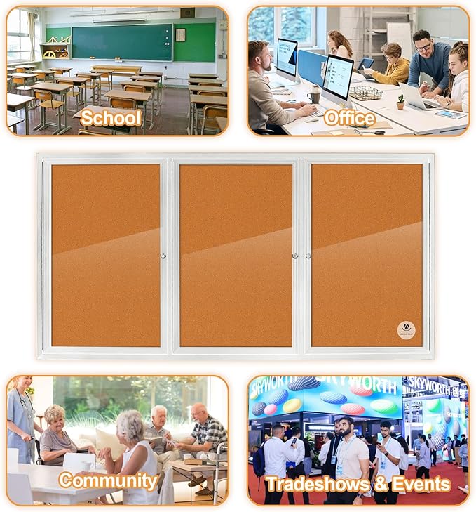 Lockable Outdoor Enclosed Bulletin Board, Weatherproof Cork Noticeboard with Locking Door, Wall-Mounted Aluminum Silver Framed Display Case for Messages,70x36 Inch-DeskLoop Office