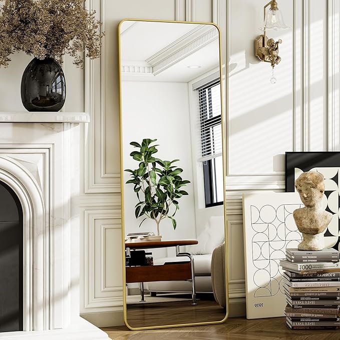 HARRITPURE 56" x 21" Rounded Full Length Mirror Aluminum Frame Gold Mirror Full Length Floor Mirror with Stand for Living Room Bedroom Cloakroom-DeskLoop Office