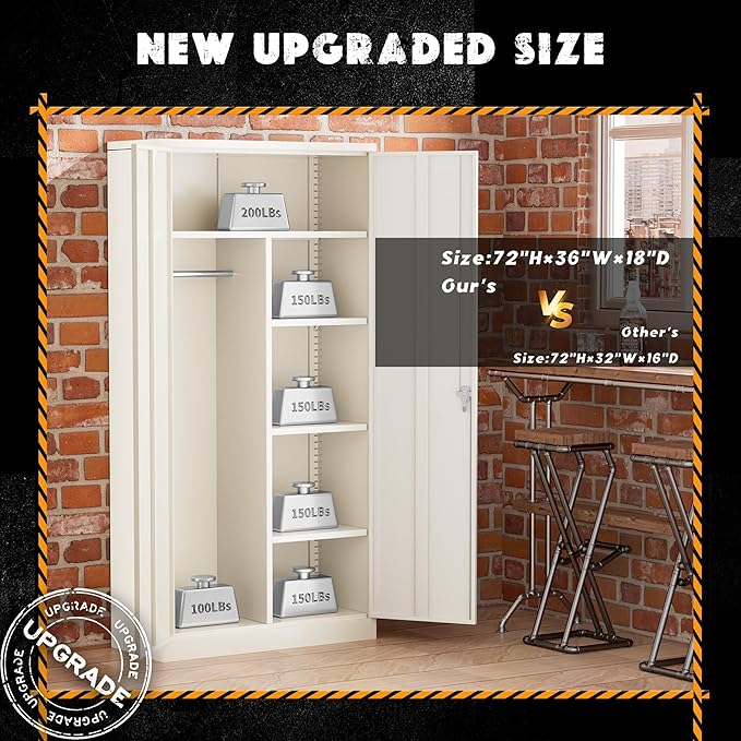 Greenvelly Metal Storage Cabinet with 2 Doors, Grey 72” Steel Storage Wardrobe Cabinet, Employees Locker Closet Clothing Coat Steel Wardrobe Cabinet with Hanging Rod for Garage, Gym, Home Office-DeskLoop Office