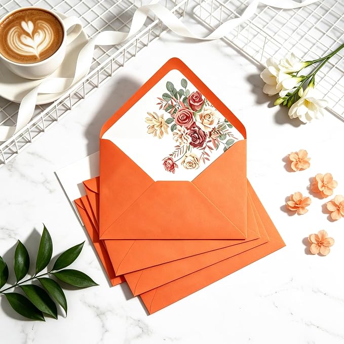50 Pcs Bright Orange Envelopes Floral Pattern 150gsm 5x7 Envelopes - Image 4