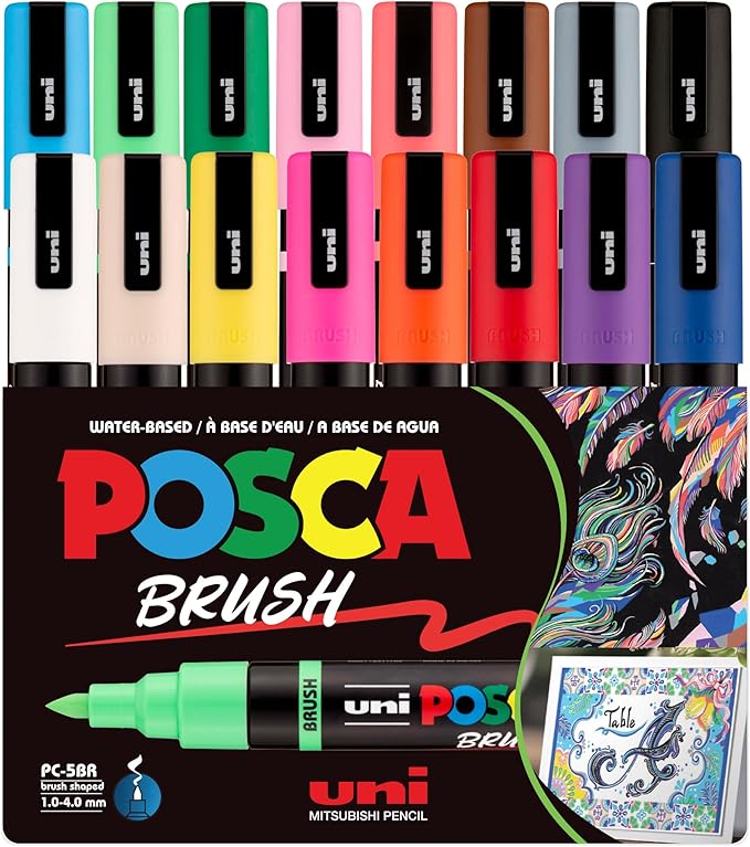 POSCA PC-5BR Water-Based Paint Markers, Reversible Brush Tip, 16 pack by POSCA