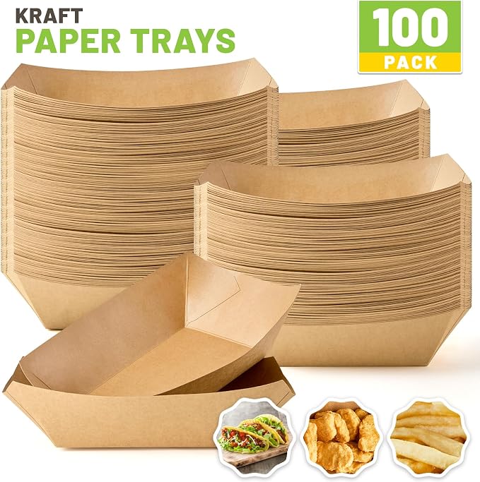 ZORRITA Large Paper Food Trays, 4 LB, 100 Pack, Disposable | Kraft Food Boats - Image 3