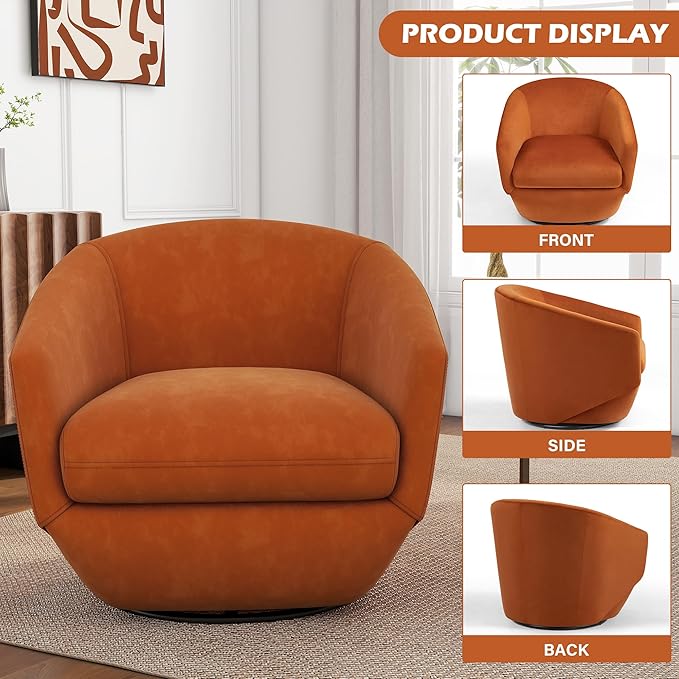 UIXE Velvet Swivel Accent Chairs Set of 2, Barrel Chair Upholstered Club Armchair for Living Room, Comfy Single Sofa Bedroom Side Reading Seat - Orange-DeskLoop Office