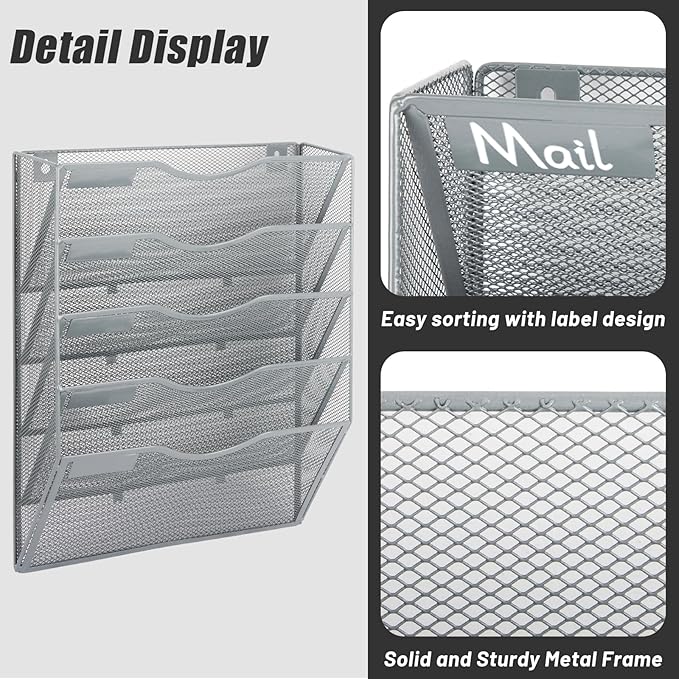 EASEPRES 5 Pocket Mesh Hanging Wall File Organizer, Wall Mounted Mail Paper Document Folder Holder, Clipboard Storage Organization Magazine Rack with Nametag Label for Office Home School, Gray-DeskLoop Office