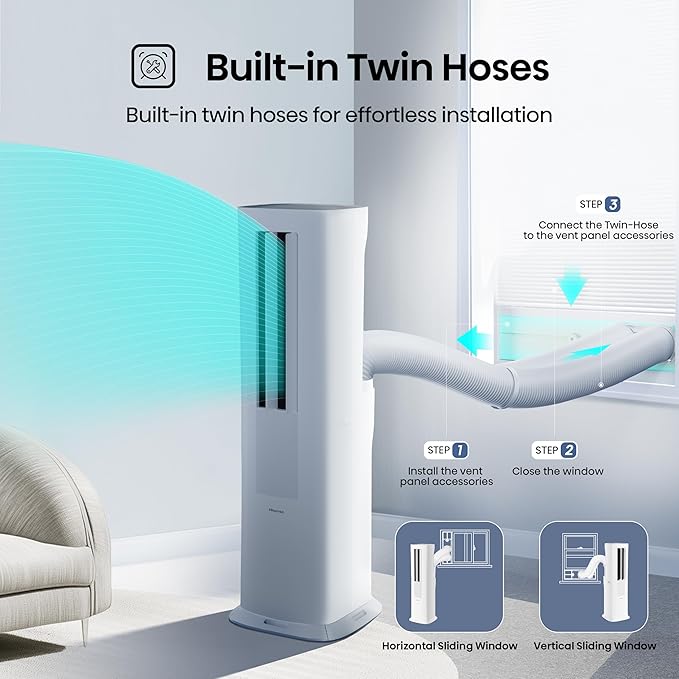 Hisense API0825UW1D Smart Inverter Twin Hose 8,000 BTU (DOE) 350 SF Heat/Cool Tower Portable Air Conditioner, White-DeskLoop Office