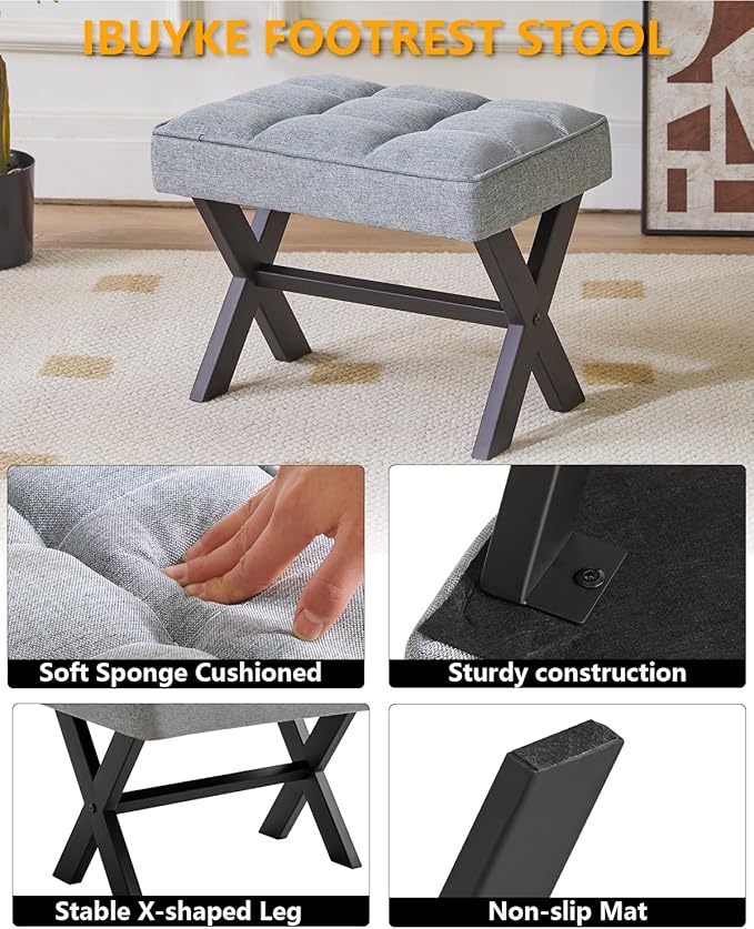 IBUYKE Small 12" H Footrest Stool, Square Linen Foot Stool with Metal X-Leg, Multi-Use as Small Side Table, Step Stool for Living Room, Bedroom, Entryway, Office, Blue Gray WBD011L-DeskLoop Office
