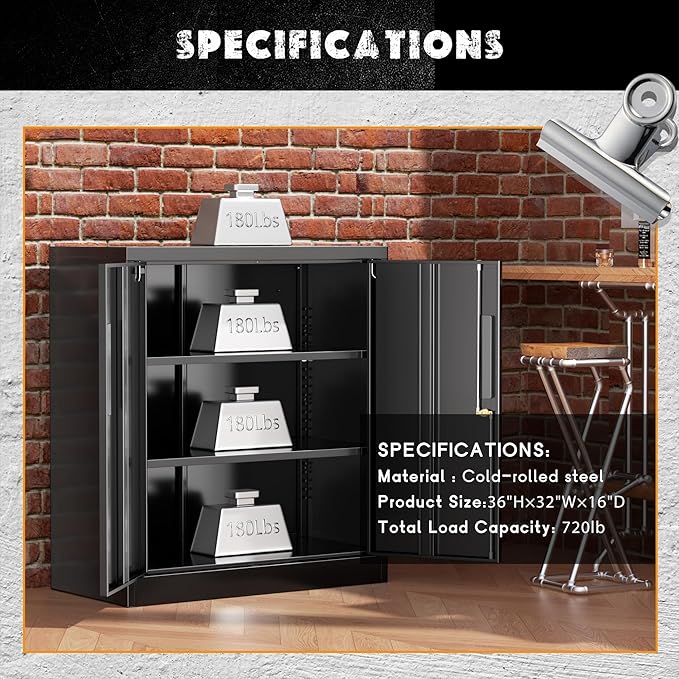 Greenvelly Metal Garage Storage Cabinet,36" Black Lockable Metal Cabinets with 2 Doors and Shelves,Storage Locking Counter Cabinet for Home Office,Garage,Kitchen,School-DeskLoop Office