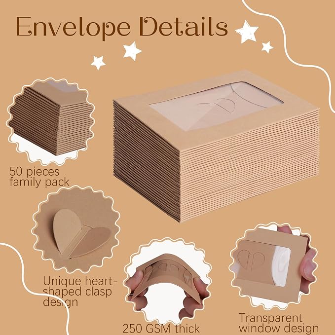50 Pack Window Gift Card Envelopes, 4 x 2.8 Inch Mini Kraft Paper Envelopes - Image 3