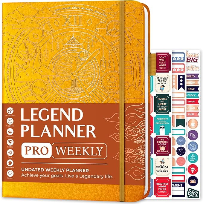 Legend Planner PRO – Deluxe Weekly & Monthly Life Planner to Increase Productivity and Hit Your Goals. Time Management Organizer Notebook – Undated – 7 x 10" Hardcover + Stickers – Amber Yellow-DeskLoop Office