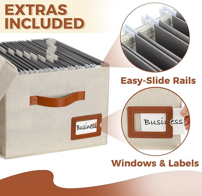 Storage Standard 2-Pack File Organizer Box with Lid - Collapsible Hanging Linen Document Organizer Portable File Boxes, Lightweight & Portable Filing Box Crates with Handles & Extras, Ivory-DeskLoop Office