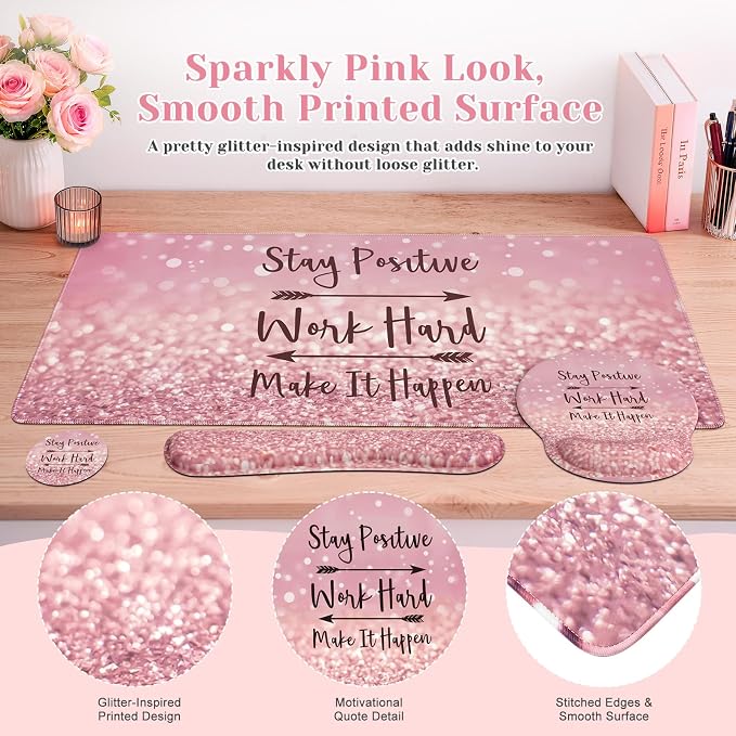 iCasso Mouse Pad, Large Pink Desk Mat Set, 4in1 XXL Mousepad + Keyboard Wrist - Image 3