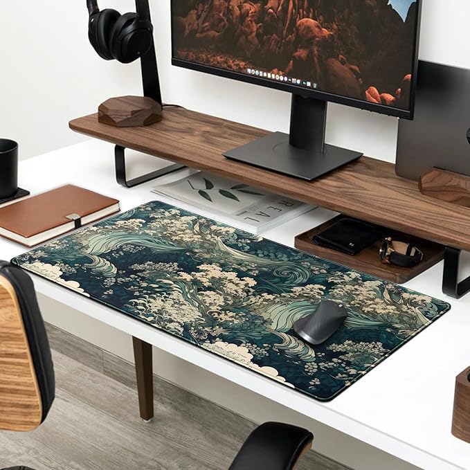 Japanese Large Mouse Pad Gaming Sea Wave Desk Pad Blue Sea Flower Art Aesthetics Desk Pad Non-Slip Rubber Base Mice Pad, 31.5 X 11.8 in for Laptop Computer Mouse Keyboard Mat of Office Desk Decor-DeskLoop Office