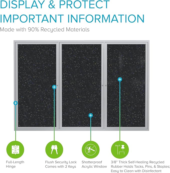 Ghent 48" x 72" 3-Door indoor Enclosed Recycled Rubber Bulletin Board, Shatter Resistant, with Lock, Satin Aluminum Frame,Confetti (PA346TR-CF),Made in the USA-DeskLoop Office