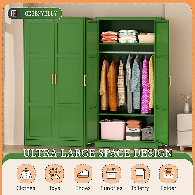 Greenvelly Metal Storage Wardrobe Cabinet with Lock, 71" Green Metal Wardrobe Closet for Hanging Clothes with Doors and Shelves, Modern Steel Clothes Closet for Home, Office and Bedroom, School,Gym-DeskLoop Office