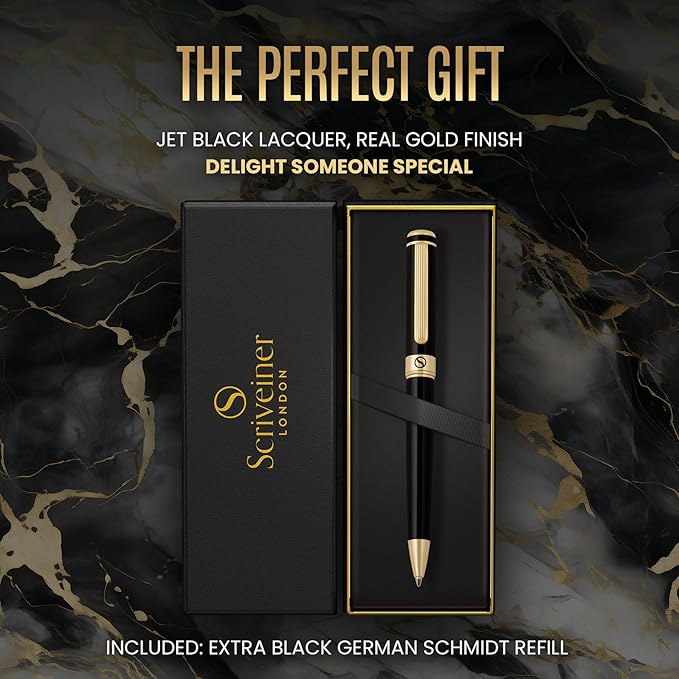 Scriveiner Black Lacquer Ballpoint Pen -Stunning Luxury Pen, Real Gold Plating, Schmidt Black Refill, Best Gift Set for Men & Women, Professional Executive Office, Nice Fancy Designer Pens-DeskLoop Office