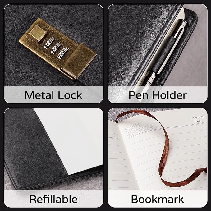 WEMATE Diary with Lock, A5 PU Leather Journal with Lock 240 Pages, Vintage - Image 3
