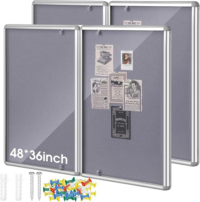 2 Pack Enclosed Bulletin Board 48"x36" Weather Resistant Lockable Enclosed Notice Cork Case Display Board Wall Mounted 2 Locking Door Aluminum Frame for Back to School Classroom, 12xA4(Gray)-DeskLoop Office