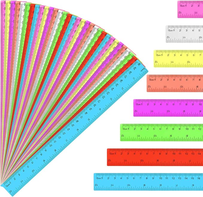 32 Pack Assorted Color Clear Rulers 12 inch, Plastic Ruler Bulks by Okxir