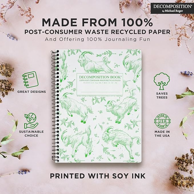 Decomposition Goatbook College Ruled Spiral Notebooks – 9.75 x 7.5 Journal with 160 Lined Pages – Notebooks for School Supplies, Home & Office – 100% Recycled Paper – Made in USA