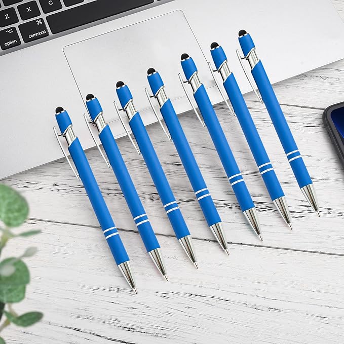 PASISIBICK 12 Pieces Blue Ballpoint Pen with Stylus Tip, 2 in 1 Stylus Stylish Pen, Blue Metal Stylus Pen for Touch Screens, Black Ink, 1.0 mm Medium Point(12 PCS Light Blue)-DeskLoop Office