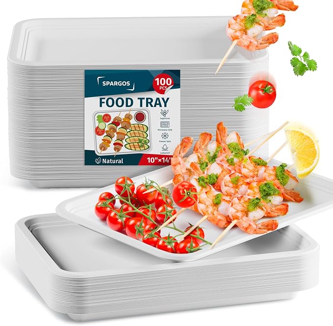 100 Pack 14 Inch Heavy Duty Disposable Food Trays Compostable Large Paper by Spargos