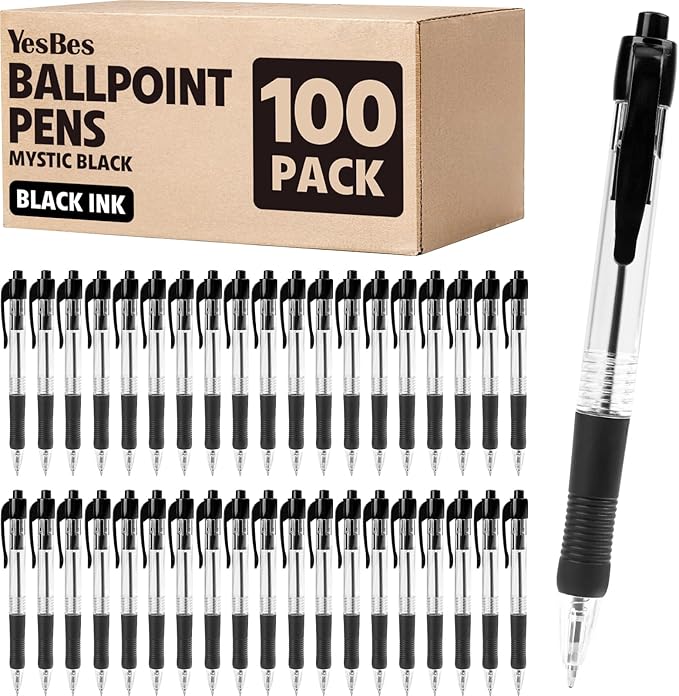 100 Pack Ballpoint Pens Bulk, Retractable Black Pens Ballpoint Medium Point 1mm by YesBes
