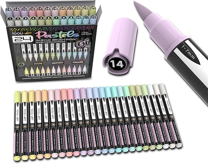 24 Flexible Brush Tip Acrylic Paint Pens Markers Set 1-7mm Line for Rock Painting, Brush Lettering, Glass, Mugs, Wood, Metal, Canvas, Fabric, Plastic Non Toxic Waterbased Quick Drying Assorted Pastel-DeskLoop Office