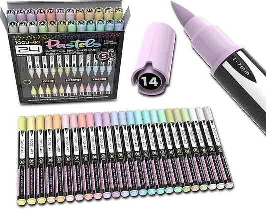 24 Flexible Brush Tip Acrylic Paint Pens Markers Set 1-7mm Line for Rock Painting, Brush Lettering, Glass, Mugs, Wood, Metal, Canvas, Fabric, Plastic Non Toxic Waterbased Quick Drying Assorted Pastel-DeskLoop Office