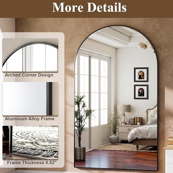GLSLAND 72" x 44" Arched Full Length Mirror - Oversized Aluminum Alloy Frame Full Body Floor Mirrors with Stand Wall Mounted for Bedroom/Living Room, Black-DeskLoop Office