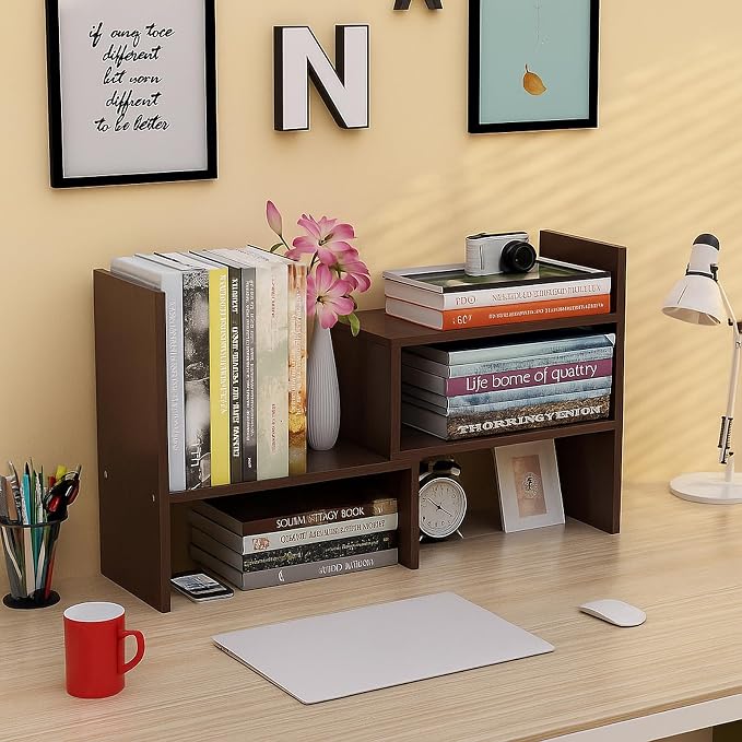 Desktop Shelf Organizer, Adjustable Wood Office Storage Rack, Counter Display - Image 3