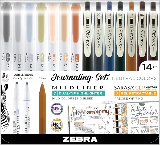 Zebra Pen Sarasa Clip Vintage and Mildliner Neutral Set, No Bleed, Fine Point by ZebraPen