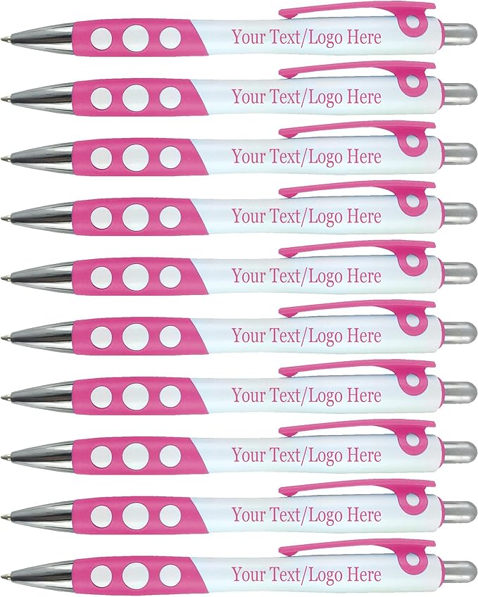 SyPen Personalized Ballpoint Pens With Custom Logo/Text-350 Pack Bulk-for Businesses, Parties, & Events, Custom Printed, White Barrel with Matching Colored Clip and Grip, Click Pens, Black Ink, Pink-DeskLoop Office