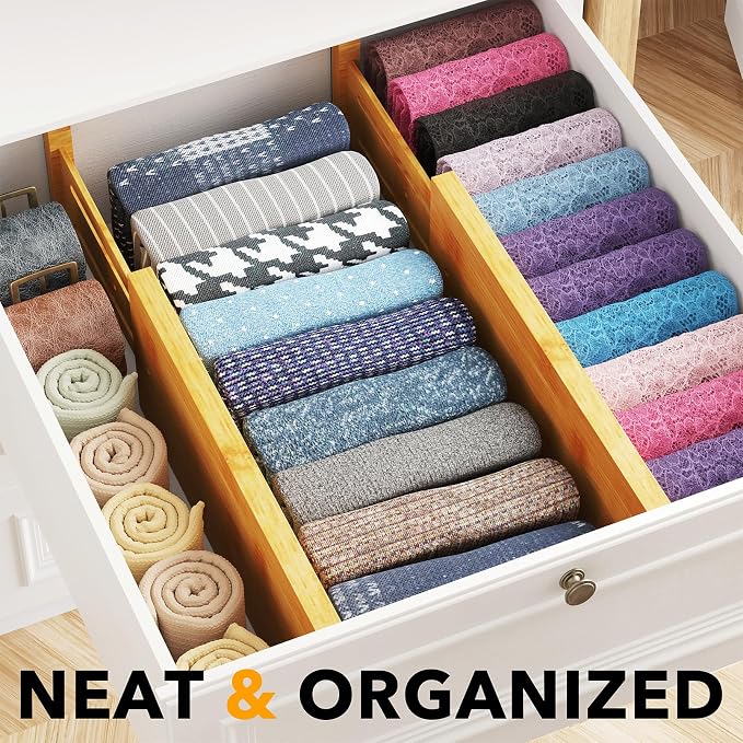SpaceAid Bamboo 4 Pack Dresser Drawer Dividers, 4.65“ High Adjustable 12.5“-17” - Image 2