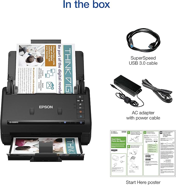 Epson Workforce ES-500W II Wireless Color Duplex Desktop Document Scanner for PC and Mac, with Auto Document Feeder (ADF) and Scan from Smartphone or Tablet (Renewed)-DeskLoop Office