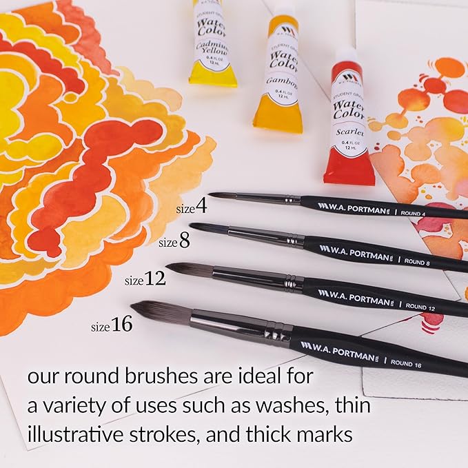 WA Portman Round Acrylic and Watercolor Paint Brushes 4pc Set - 100% Vegan, Cruelty-Free Round Paint Brushes for Acrylic Painting and Watercolor Painting with Triangular Comfort Grip-DeskLoop Office